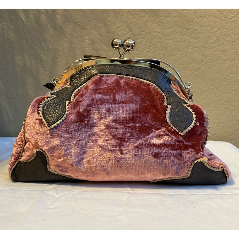 DKNY Velvet Kisslock Shoulder Bag Pink Brown Bow Y2K Coquette Purse - Picture 3 of 16